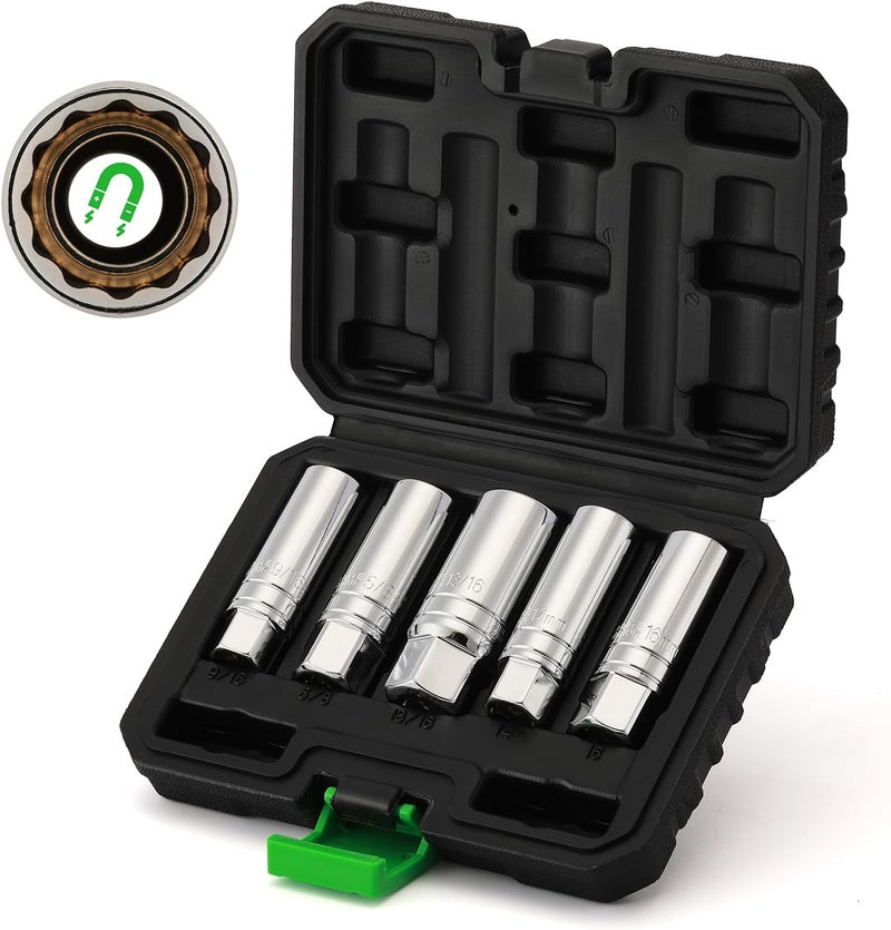 TecoTek 5 Piece 3/8-Inch Drive Magnetic Spark Plug Socket Set, Includes 14mm, 16mm Thin Wall Sockets and 9/16-inch, 5/8-inch, 13/16-inch Sockets, 6-Point and 12-Point, CR-V, Enhanced Magnetic Design - Image 1